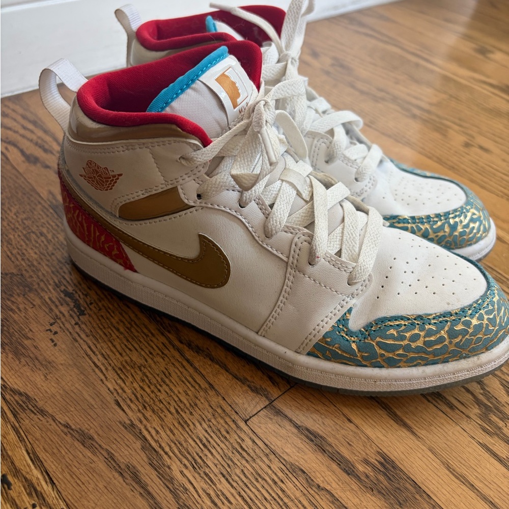 Air Jordan - Nike Kids White, Gold & Teal High-Top Sneakers with Red Lining